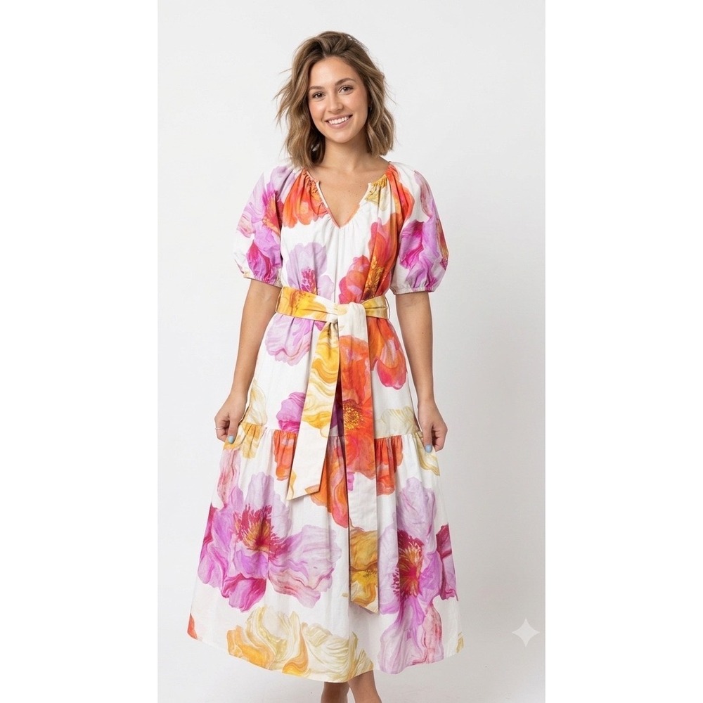 Anthropologie Somerset Maxi Dress Floral Puff Sleeve Belted Pink Orange Small